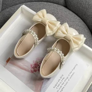 Girls’ Princess Ballet Flats Spring Autumn PU Shoes Bow Hook & Loop Closure Soft Rubber Sole