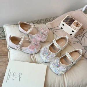Girls Princess Dress Shoes Age 3 8 Shiny Sequin Pearl Bowknot Kids Party Wedding Non Slip