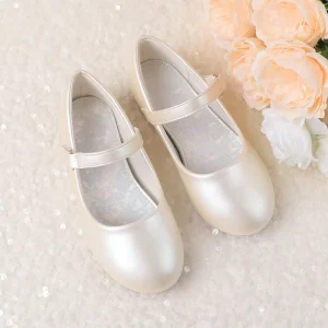 Girl’s Princess Mary Jane Flats Breathable Comfortable Soft Soles Hook and Loop Children’s White Wedding Shoes