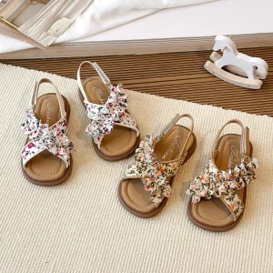 Girls Princess Sandals Summer Baby Open Toe Beach Shoes Velcro Closure Floral Pattern PU Upper Rubber Outsole Ankle