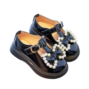 Girl’s Princess Shoes Bow Pearl Small Leather Shoes Kids New Style Retro Single Shoes