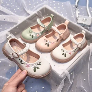 Girls’ Princess Shoes Fashion Pearl Design Beautiful Children Party Dress Footwear New Floral Dance Shoes for Kids