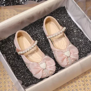 Girls Princess Shoes Pearl Bow Rhinestone Mary Jane Flats Soft Sole Kids Party Wedding Performance Dress Shoes