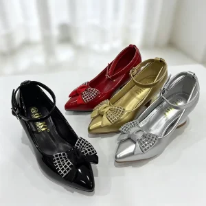 Girls Princess Shoes Rhinestone Plaid Bow Kids High Heels Chunky Heel Dance Shoes for Wedding Party Church Africa Market