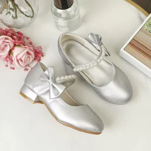 Girls’ Princess Shoes Sliver Bowknot Shoes Elegant Kids Dance Dress Shoes