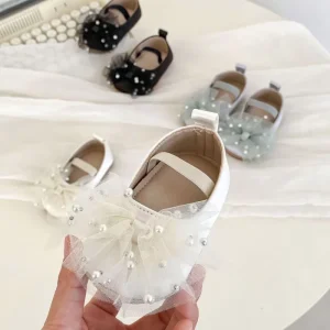 Girls Princess Shoes Soft Bottom Non slip Infant Toddler Walking Shoes Mesh Pearl Bow Cute Baby Shoes