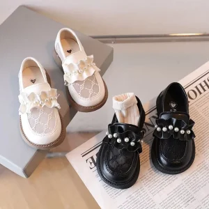 Girls’ Princess Shoes Soft Soled Children’s Pearl Spring and Summer Mesh Bow Single Shoes