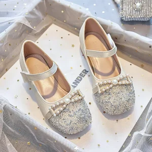 Girls’ Princess Shoes Spring and Autumn New Style Little Girls’ Leather Shoes Soft Sole Children’s Crystal Flats