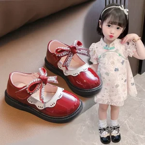Girl’s Princess Shoes Wine Red Black Ruffles Pu Leather Bowknot Children Flat Shoes 21-30 Toddler Kids Single Shoe
