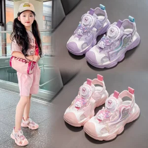 Children’s Ankle Closed Toe Non-slip Rotating Button Cartoon Pattern Sports Beach Shoes Korean Style Fashionable Princess