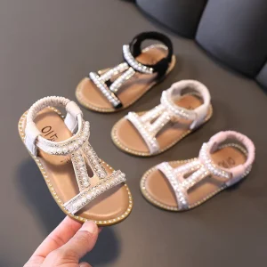 Girls Sandals Kids Summer Roman Shoes Pearl Rhinestone Party Princess Shoe Flats Non-slip Casual Girl Beach Sandal