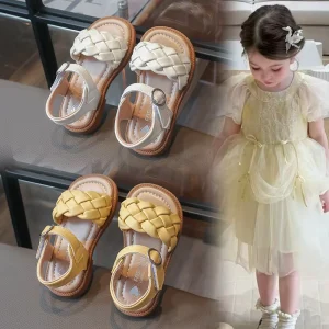 Girls’ Sandals Summer New Korean Style Fashion Woven Children’s Shoes Soft Bottom Open Toe Velcro Closure Ankle Princess Shoes