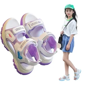 Girls’ Sandals Summer New Style Children’s Casual Fashion Princess Older Kids’ Open-Toe Beach Shoes Velcro Rubber Outsole