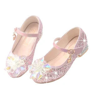 Girls Shining Crystal High Heels Custom Logo Princess Loafers Kids Casual Party Dress Shoes for Toddlers and Children
