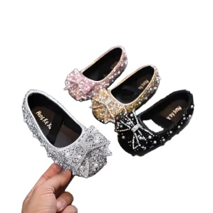 Girls Shoes Spring Summer New Children’s Princess Shoes Children Fashion Rhinestones Bow Party FLAT Shoes Kids