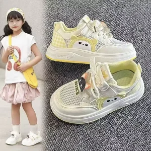 Girls Single Layer Casual Shoes Summer New Arrivals Stylish Adorable White Sneakers Breathable Mesh Velcro Closure Children