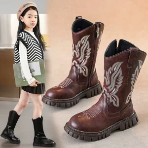 Girls Snow Boots Autumn and Winter New Embroidered Big Kids Knight Zip Rubber Boots Western Style Rubber Sole Boots