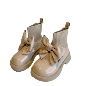 Girl’s Sock Boots Chunky Big Bowtie Elegant Cute Children Short Boot Patent Leather Winter 22 37 Fashion Slip On Kids Shoes