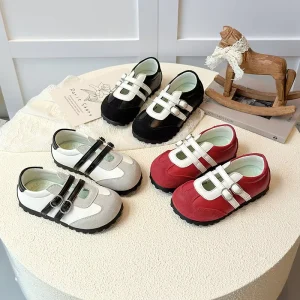 Girls’ Soft Sole Casual Leather Shoes with Double Velcro Straps for Kids