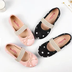Girls Soft Soles Flat Dress Slip-On Shoes Cute Bow Children Dots Print Shoes
