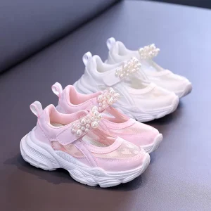 Girls Solid Color Mesh Hollow-Out Sneakers Children’s Big Kids Pearl Solid Color Chunky Shoes