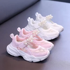 Girls’ Solid Color Mesh Hollow Sports Shoes Summer New Children’s Big Kids Pearl Dad Shoes