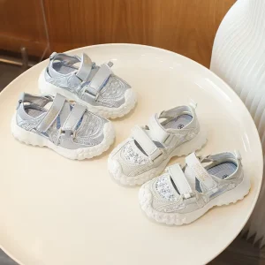 Girls Sports Sandals Thin Model Children’s Hollow Soft Sole Velcro Closure Anti-Slip Simple Student Shoes