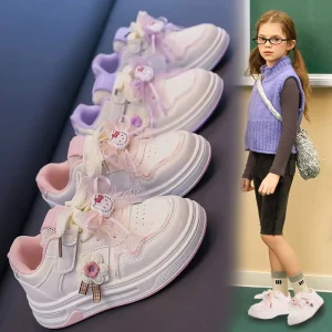 Girls Sports Shoes Spring New Children Casual Board Shoes Lightweight Cartoon Breathable Waterproof Hook Loop Closure Microfiber