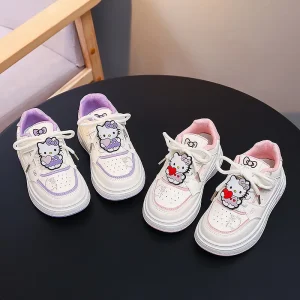 Girls’ Spring Autumn New Children’s Sports Casual Platform Board Shoes White Cartoon Pattern Microfiber Lining Student