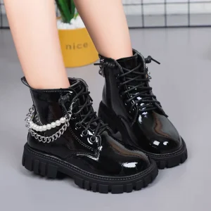 Girls Spring Princess Pearls Boots for Children Kids Ankle Boots Pu Leather Beading Girls Pretty Casual Martin Boots