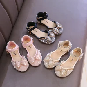 Girls Spring Summer Pearl Soft Sole Princess Style Bowknot Dance Party Diamond Leather Sandals for Kids