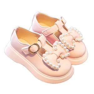 Girls Sweet Cute Dress Shoes with Bowtie Pearls Beading Soft and Comfortable Princess Flats for Kids Spring Style
