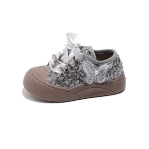 Girls’ Thick Soled Casual Sports Shoes Children’s Wide Headed Flat Bottomed Flats with Sequins