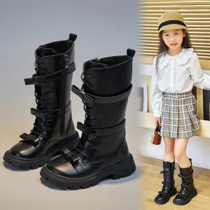 Girls’ Trendy Leather Long Boots New Autumn Winter Children’s Fashion Soft PU Sole Inner Fur Boot Flat Kids’ Long Boots