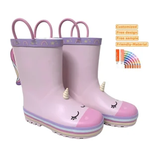 Girls Unicorn Anti-Slip Rubber Gumboots Children Heart Rainbow Handle Rain Boots for Kids