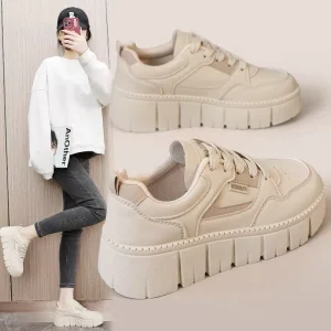 Girls Walking Style Chunky Sneakers PU Leather Students Sports Lace Up Casual Shoes For Women