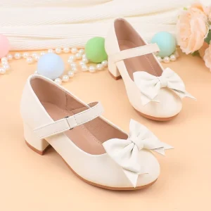 Girls White bow Princess Summer Heels Dance Performance School Stage Party Shoes PU dance shoes Velcro Korean Sweet kids