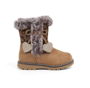 Girls Winter Boots Leopard Print Kids Warm Suede Ankle with Fur Trim Cotton Lining