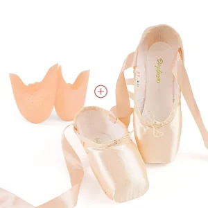 Girls Women Ballet Pointe Shoes Satin Flat Heel Ribbon Tie up Adult Kids Practice Dance Shoes with Silicone case