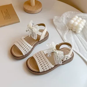Girls’ Woven Hollow Sandals Summer Children’s Mesh Lace Bow Princess Sandals Beach Shoes