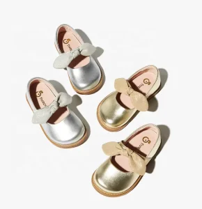 Gold Leather Bow Strap Dress Shoes for Girls Kids Flats Mary Jane Party Wedding School Shoes for Winter Summer Spring