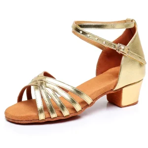 Gold PU Children Cuban Heel Kids Latin Salsa Dance Shoes