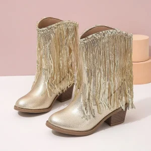 Gold Sequin Western Knee High Boots for Girls Fashionable Tassels Kids Cowboy Boots for Winter Shower Rubber