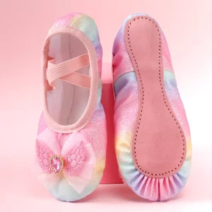 Gradient Rainbow Girls’ Soft Ballet Shoes Wear Resistant Cotton Lining Preschool Examination Dance Shoes Practice Preschool