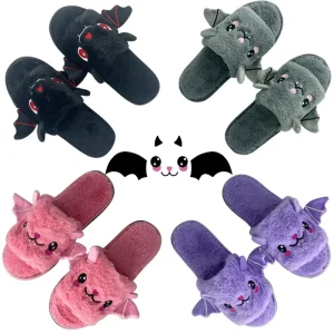 Gray Bat for Slippers Halloween Themed Quirky & Unique Fuzzy Upper Shoes Anti Slip Design