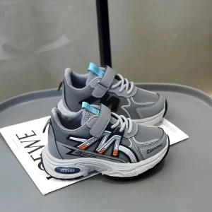 Gray Kids Sports Shoes with Hook Loop and Laces Breathable Mesh Sneakers Custom Children Athletic Footwear