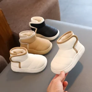 HANOU Children’s Shoes Plus Fleece Solid Color New Winter Snow Boots for Boys and Girls Cotton Toddler Shoes Short Leather Boots