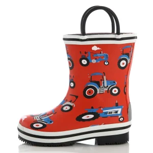 HANYUZE Children’s Truck Printing With Pull Handle 100% Waterproof welly Rain Shoes Portable Rubber Rain Boots