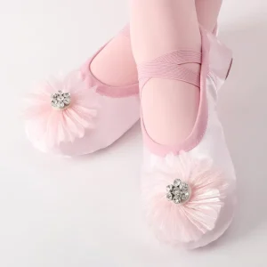 Handmade Denim Diamond Flower Girls’ Soft Ballet Dance Shoes with Cat Claw Design Cotton Lining for Children’s Practice Grading