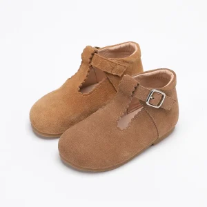 Hard Sole Toddler Mary Janes Girls Tan Brown Suede Leather T Bar Baby Shoes Walking Shoes